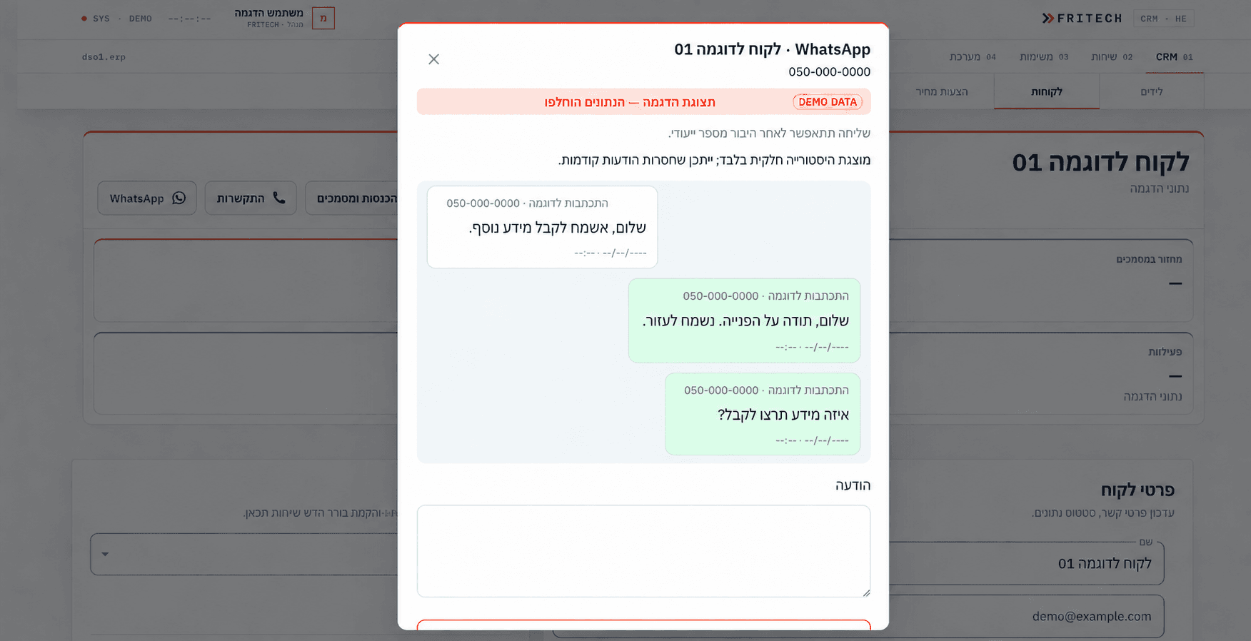 Fritech WhatsApp history — names, contact details and conversation replaced with demo data