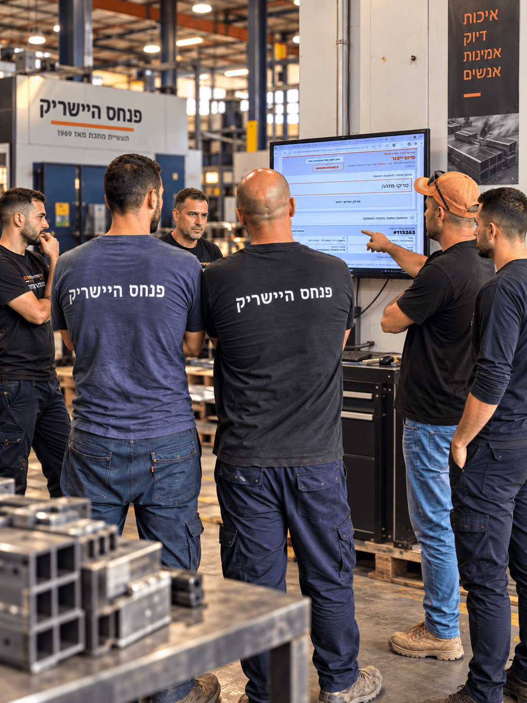 The Pinhas Hisherik team beside the production-completion system on the factory floor